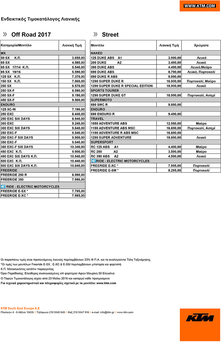 KTM Retail Pricelist 2017